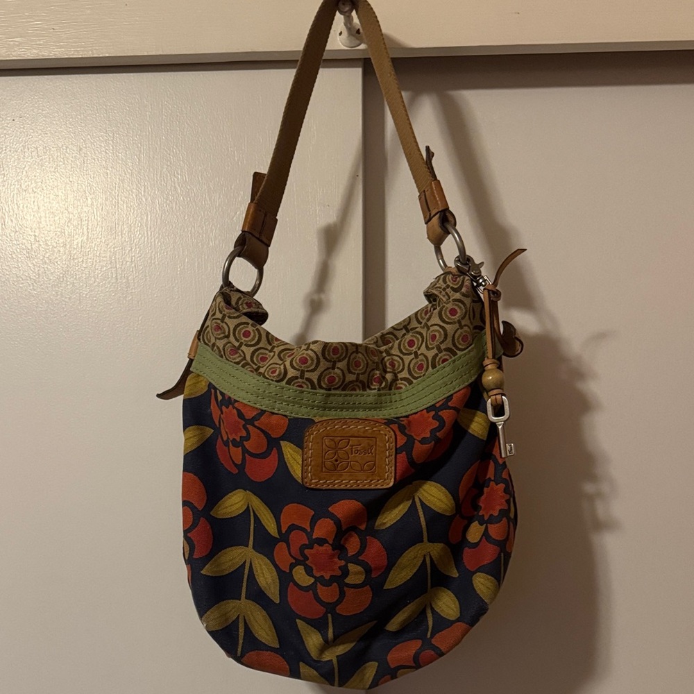 Fossil Navy and Olive Floral Shoulder Bag